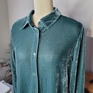 Soft Surroundings Velvet Shirt Button Up Long Sleeve Green Size Medium